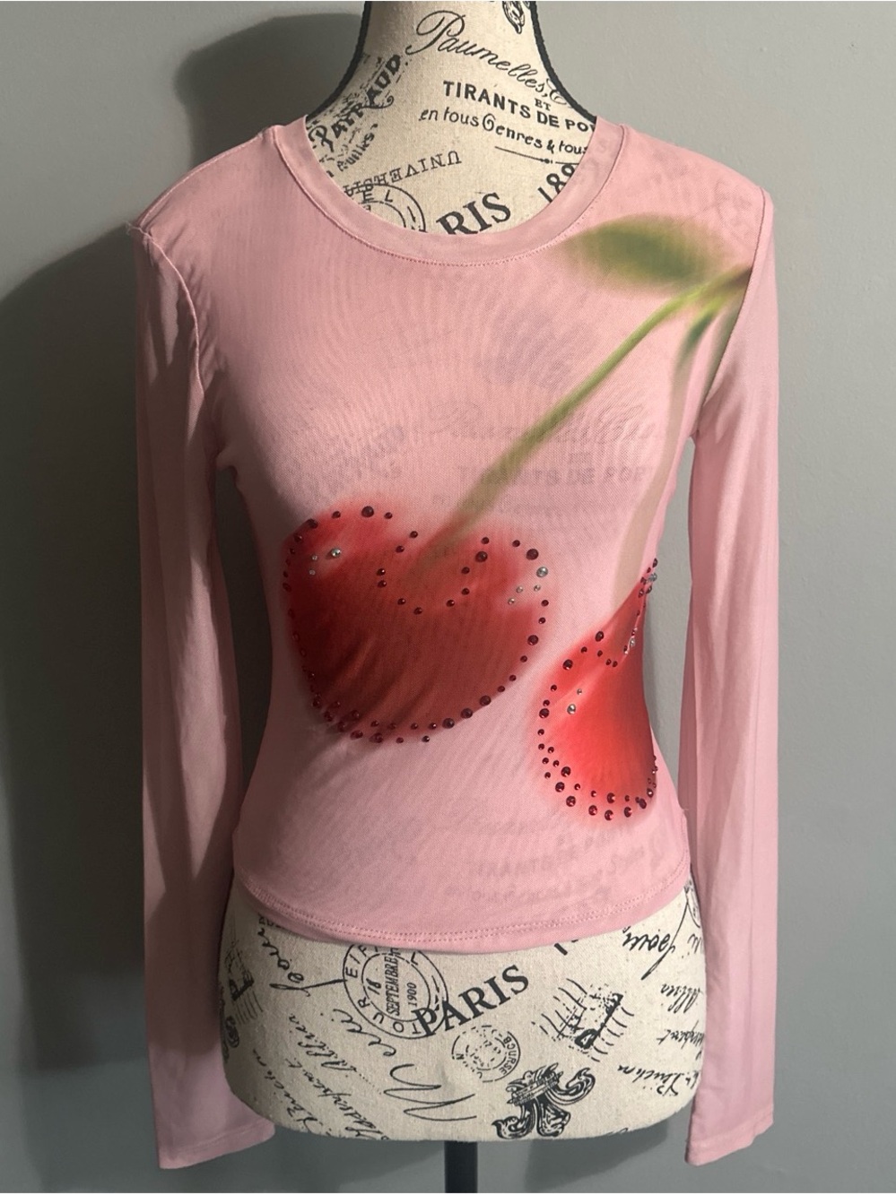 Madden Girl Pink Mesh Long-Sleeve Top with Red Cherry Accents